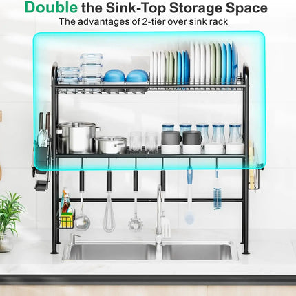Over The Sink Dish Drying Rack, 2 Tier Above Sink Dish Drainer Drying Rack with Utensil Holder for Kitchen Counter, Rustproof