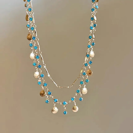 Elegant Gold Color Chain Shell Blue Tear Jewelry Set Crystal Choker Necklace Bracelet For Women Wedding Jewelry Birthday Gift