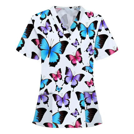 Womens T-Shirts Medical Nursing Uniform Clinical Uniform Woman V-Neck Short Sleeve T Shirt Tops With Pocket Women's Clothing