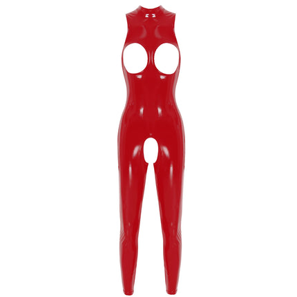 Womens Lingerie Patent Leather Latex Jumpsuit Zipper Crotchless Open Chest Catsuit Costume Wet Look Bare Breast Exposed Bodysuit