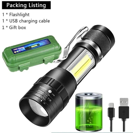 2000LM 3LED Mini  Flashlight Powerful Type-C Rechargeable 18350 Battery Torch Lamp with Tail Magnet Tactical Lantern for Camping