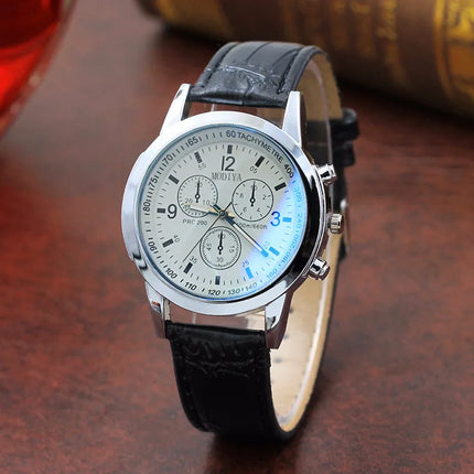 Luxury Blue Ray Glass Watches For Men Neutral Quartz Simulates The Wrist Watch Brand Casual Leather Strap Watches Reloj Hombre