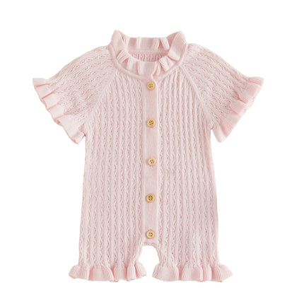 FOCUSNORM 0-24M Lovely Baby Girls Boys Summer Knit Romper Ruffle Trim Short Sleeve Button-up Jumpsuit Newborn Bodysuit