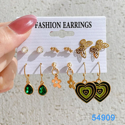 Green Butterfly Heart Dangle Earring Set for Girls Acrylic Gold Color Pearl Set Ear Rings 2023 New Fashion Jewelry Gifts