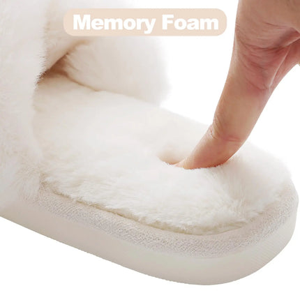Evshine Women Fuzzy Slippers Fashion Cross Band Memory Foam House Slippers Indoor Outdoor Open Toe Plush Slides Casual Flat Shoe