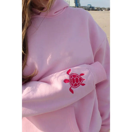 Combhasaki Women Y2K Turtle Embroidered Long Sleeve Hooded Sweatshirt with Kangaroo Pocket Drop Shoulder Loose Fit Pullover Tops