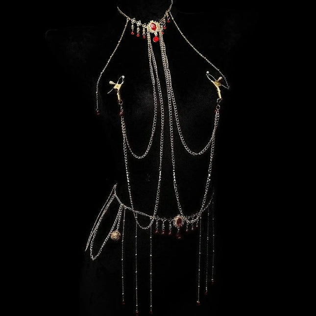 Red Ruby Nipple Clamps with Collar and Body Chain BDSM Training Adjustable Waist Chain Sexy Accessories for Women Adult Sex Toys