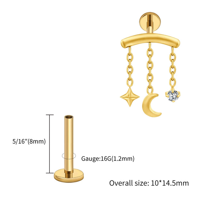 Right Grand ASTM F136 Titanium Hidden Helix Chain Earring 16G Dainty Star Moon CZ Dangle Cartilage Stud Piercing Jewelry