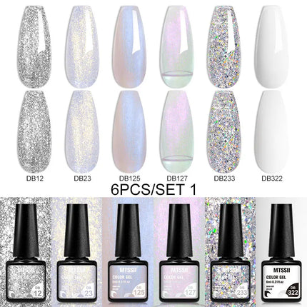 6pcs Pink Red Glitter Gel Nail Polish Set Silver Auroras Glitter Semi Permanent Soak Off UV Gel Varnish Nail Supplies DIY Decor