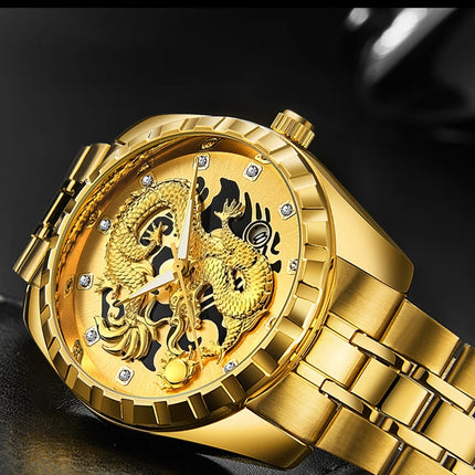 WLISTH Men's Watch 3D Golden Dragon Original Quartz Watch for Men Dragon Dial Waterproof Luminous Date Stainless Steel Watches