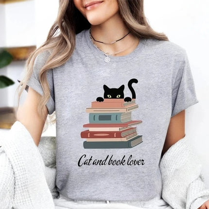 Cat Reading Design T-shirt, Women's and Girls' Sizes, A Perfect Gift for Book Lovers and Cat Owners - A Summer Book-themed T-shirt