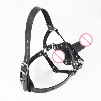 BDSM Leather Head Harness Double Ended Silicone Dildo Mouth Gag Slave Bondage Mask Adult Sex Toy Role Play Fetish Gear Tools