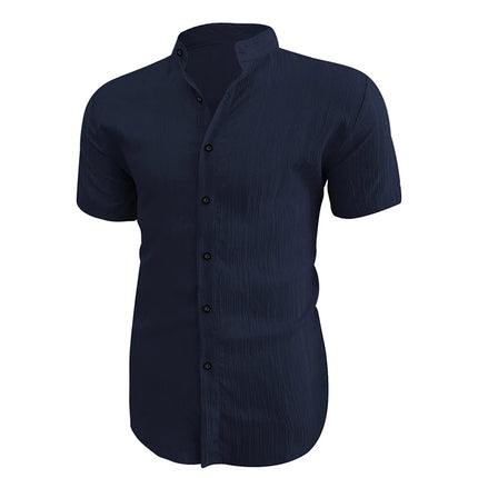 2026 New Men Vertical Wrinkle Textured Mandarin Collar Short Sleeve Button Shirt Loose Fit Summer Beach Travel Daily Casual Top