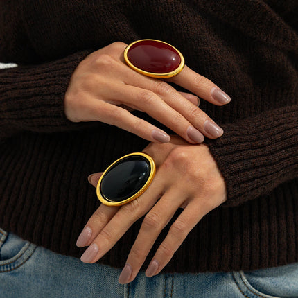 Salircon Classic Simple Geometry Red Oval Resin Finger Ring for Women Vintage Elegant Rings Charm Party Accessories Jewelry Gift