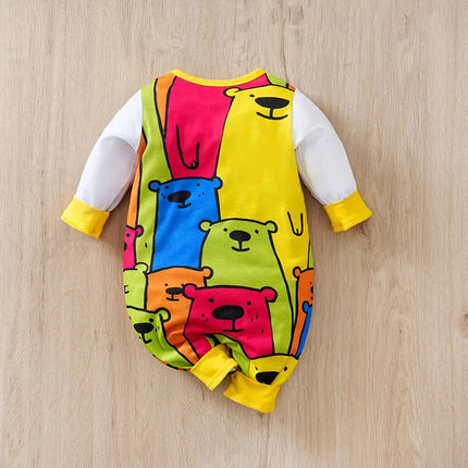 Faux Suspenders & Colorful Bear Print Spring and Autumn baby clothes 0-18Months Boys and Girls Baby Long-Sleeve Romper Newborn