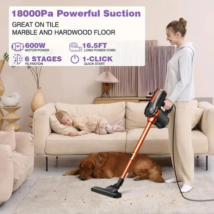 600W Corded Handheld Vacuum Cleaner 18KPa Suction Low Noise 48dB 4-in-1 Lightweight Stick Design Portable for Household Use