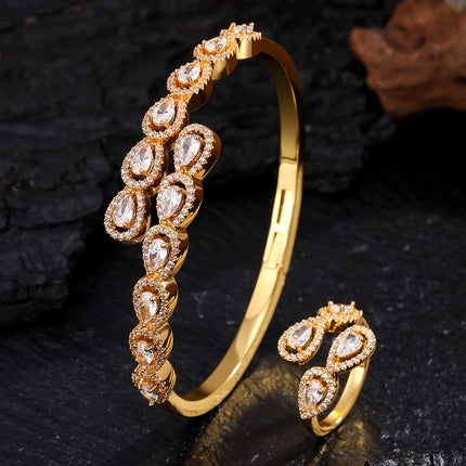ZAKOL 9 Styles Golden Open Bracelet Ring Jewelry Set Geometric Shiny Zircon 18K Gold Plated Middle East Wedding Party Jewelry