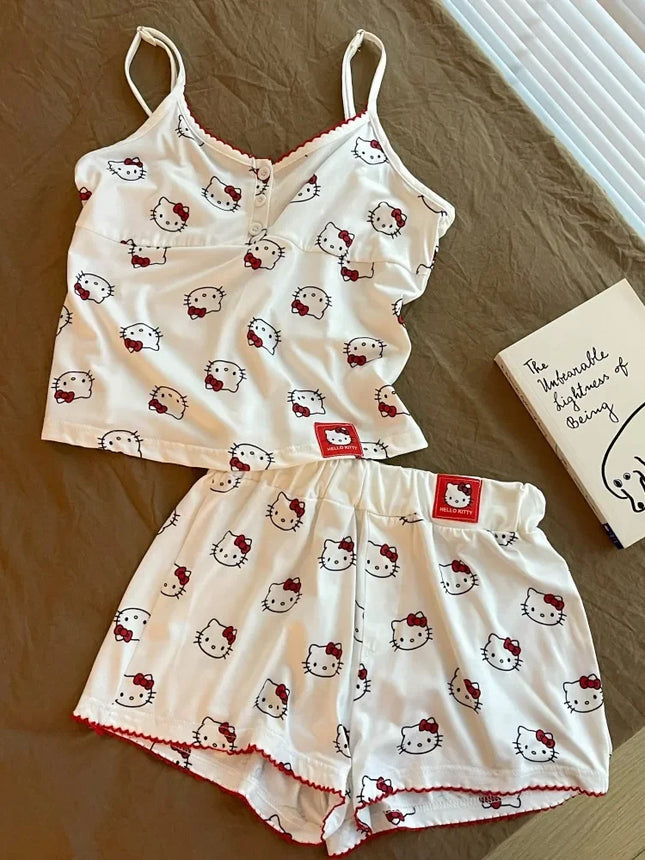 kawaii Hello Kitty pajama set anime camisole vest girl shorts sweet student casual wear Y2K cartoon home outfit for outdoor wear
