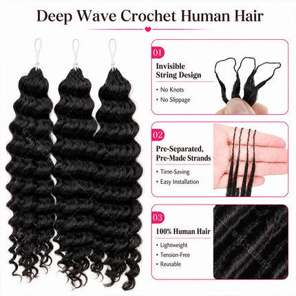 Deep Wave Crochet Human Hair Bundles Boho Braid Hair 100% Remy Pre-Separated Feather Invisible Crochet Hair Extensions For Women