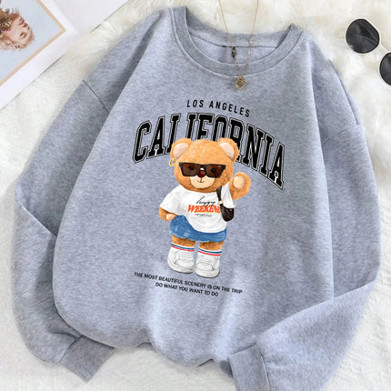 Autumn Winter Women's Pullover California Letter Trend Bear Printing Hoodie Loose Crewneck Warm Fleece Sweatshirt Streetwear