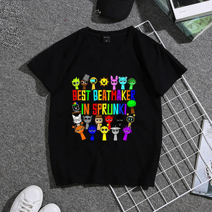 Sprunkiy Kids T-shirt Cotton Pinki Simon Game Role Cute Anime Print Tees Short Sleeved Kawaii Boy Girl Summer Clothes Party Gift