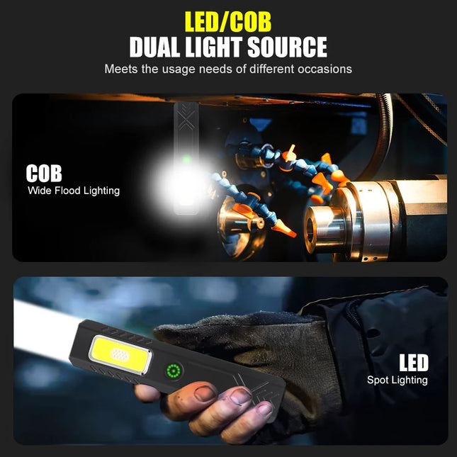Portable Rechargeable LED COB Dual Light Source Handheld Flashlights With 6 Lighting Modes/Magnet Mini Clip Flood Work Light
