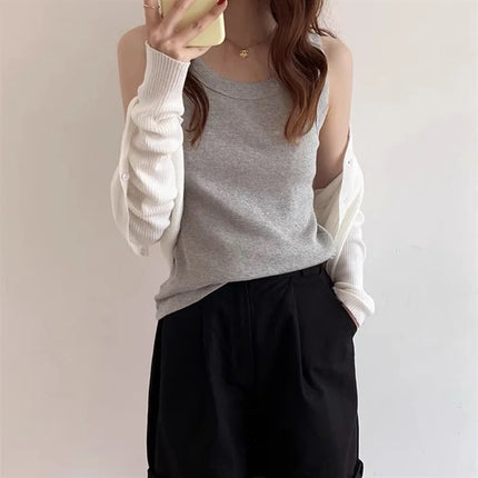 Summer 2026 Slim Fit Elastic Ribbed Cotton Knitted Vest Women's Base Layer Tank Top Anti-Light Inner Wear Straight Cut Regula...