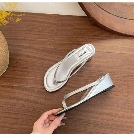 Summer Women Wedges Heel Silver Slippers Outdoor Street Style Dress Shoes Ladies Outdoor Beach Vacation Clip Toe Slides