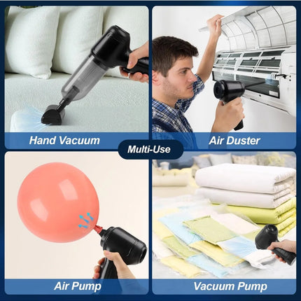 Handheld vacuum cleaner with integrated suction and blowing functions, ideal for cleaning cars, homes, offices, and pet areas.