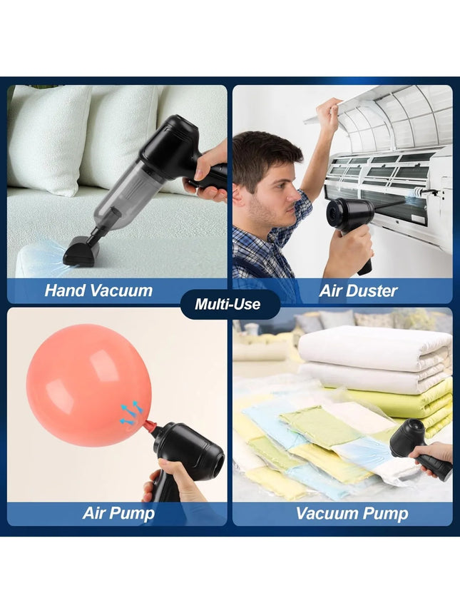Handheld vacuum cleaner with integrated suction and blowing functions, ideal for cleaning cars, homes, offices, and pet areas.