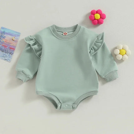 Baby Sweatshirt Romper Ruffle Long Sleeve Round Neck Solid Color Bodysuit Infant Fall Outfit