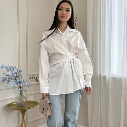 Women's New Shirt Side Waist Tie Slim Fit Casual Long Sleeve Solid Shirt 2026 New Collection Autumn Fashion Loose Ropa Mujer