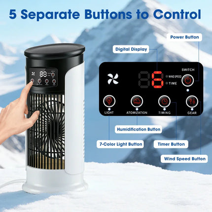 Mini Fan, Portable USB Air Conditioner for Home, Office, Cold Air Cooling Fan, Humidifier, LED Night Light, 6-speed Mute Fan