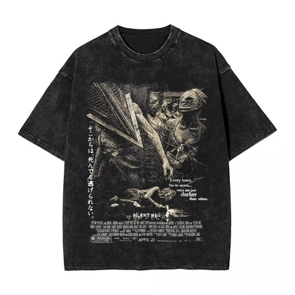 Washed T Shirts Horror Silent Hill Heavens Night Hip Hop T-Shirt Street  Streetwear Short Sleeve Printed Tops Tees Men Women