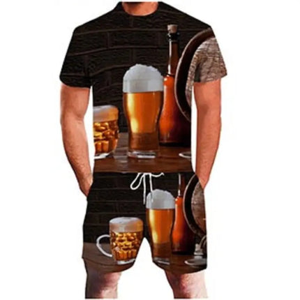 3D Beer Print Sport Moisture-Wicking Breathable Men T-Shirt Shorts Fun Cool Street Cosplay Casual Fashion Trend Pants Set Summer