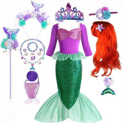 Halloween Christmas Holiday Birthday Party Mermaid Princess Same Style Girl Ariel Cosplay Long Sleeve Mermaid Dress Accessory