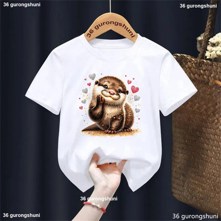Harajuku Kawaii Kids Clothes Funny Otter Love Flowers Animal Printed T-shirt Girls/Boys Summer Fashion T-shirt Tops