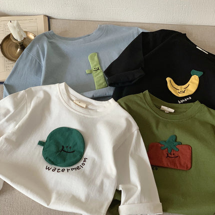 Autumn style children's clothing, Japanese style t-shirt, long sleeved, boys' and girls' three-dimensional patch fabric, fruit b