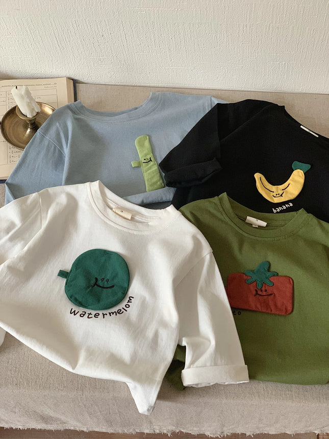Autumn style children's clothing, Japanese style t-shirt, long sleeved, boys' and girls' three-dimensional patch fabric, fruit b