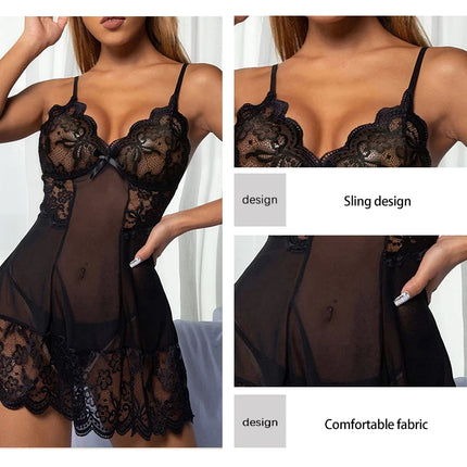 Women's Lace Tight Fitting Clothes Sexy Transparent Pajamas Flower Lace Sheer Dress Sexy Mesh Fabric Dress Pajamas
