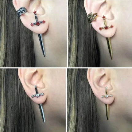 Kiss Jewelry Punk Sword Gothic Kinitial Piercing Earrings for Woman Men Gothic Crystal Ear Jacket Stud Earrings Jewelry