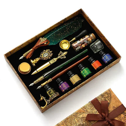 Luxury Fountain Pen Set, Retro Sprinkling Feather Pens Calligraphy Writing Dip Kit with Wax Seal Stamp & Replace Nibs, Gift Box