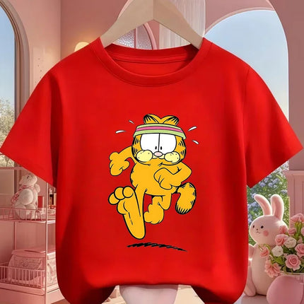 Garfield Cartoon Crew Neck T-Shirt Children Boys Girls Summer Cute Kawaii Fashion Street Casual Tops 3-14 Years