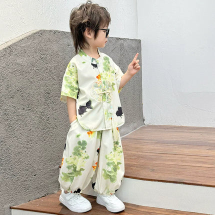 Summer Short Sleeve Two-piece Set Kids Clothes Casual Boy Outfit Baby Tang Style Fashion Children's Sets Hanfu Suit Boys Costume