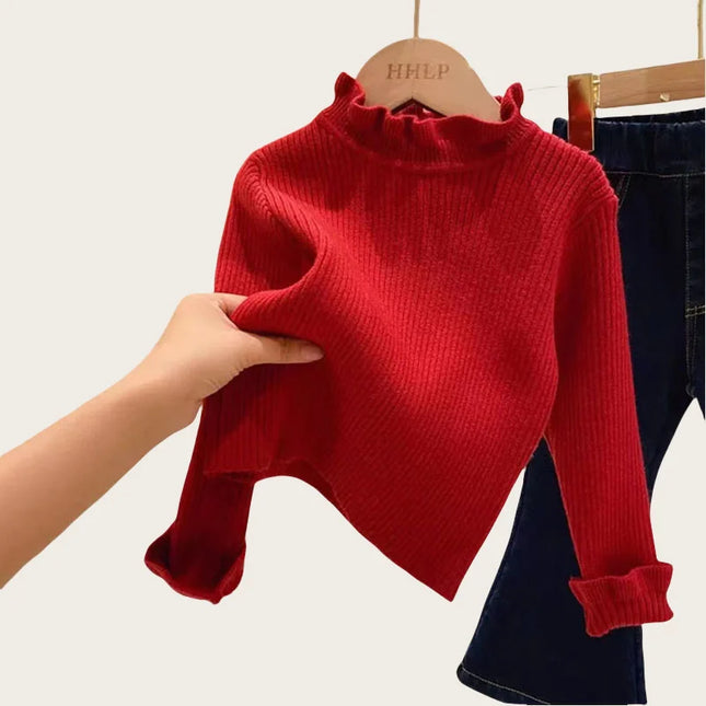 Children's Sweaters Base Tops 1-6Y 2024 Autumn Solid High Elastic Girl's Knit Pullover Kid's Turtleneck Flare Sweater for Girls