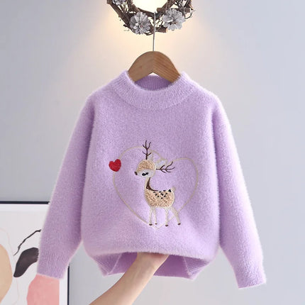 Fashion Embroidered Cute Deer Kids Sweater Girls Knit Pullover Princess Soft Cozy O-Neck Heart-shape Autumn Winter Tops HY12161