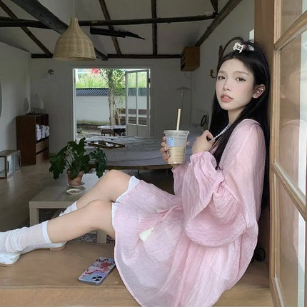 Korean Version V-neck Long Sleeved Shirt for Women's Spring 2024 New Loose Medium Long Sun Protection Shirt Top Two-piece Set