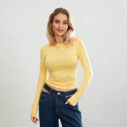 Women's Long-Sleeve Basic T-Shirts Solid Color Crew Neck Casual Shirts Fall Slim Fit Tops Streetwear
