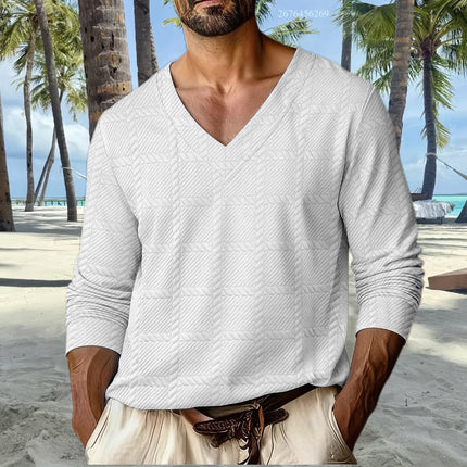Men's V-neck casual sporty drop shoulder sleeve T-shirt, comfortable and stylish long sleeve T-shirt for everyday wear and vacat