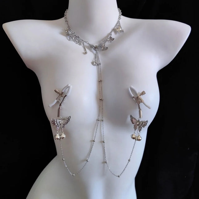 New Nipple Clamps with Butterfly Bells and Collar Detachable Stimulating Nipple Clamp Chain for Couples' Teasing Adult Sex Toys